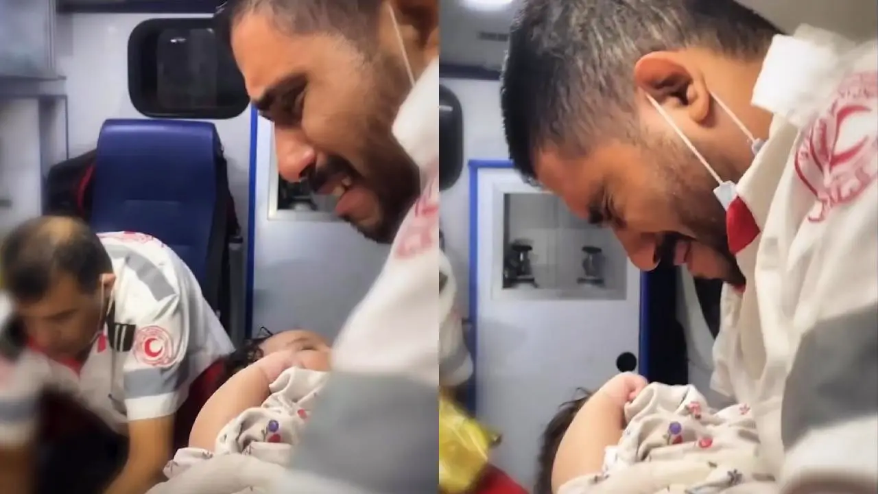 Emotivo rescate en Gaza: un rescatista no puede evitar llorar al salvar a un bebé